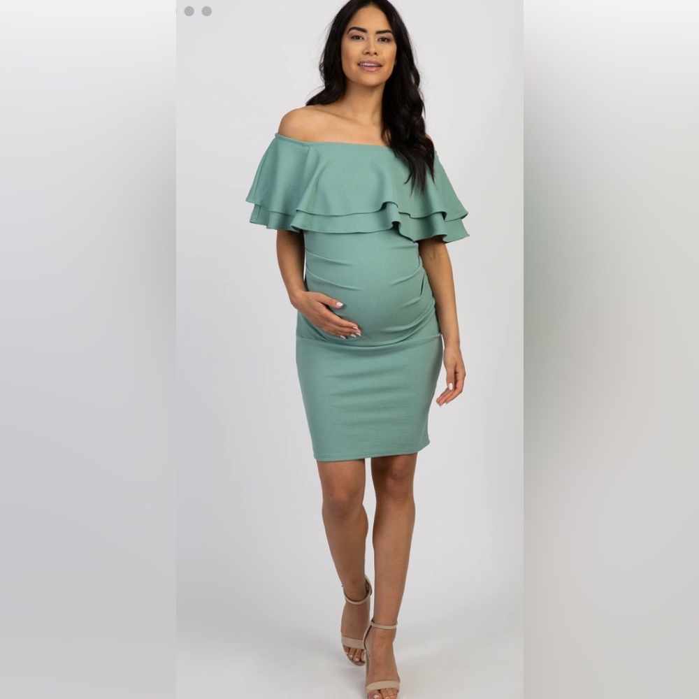 COPY - Pinkblush maternity fitted off shoulder maternity dress in sage green